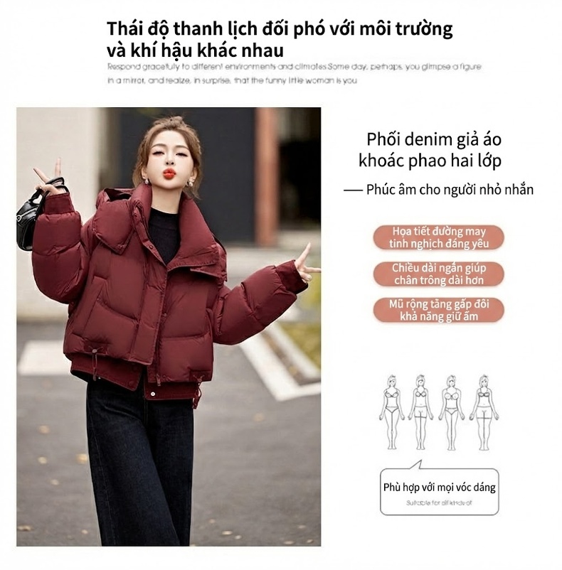 Áo Phao Nữ Ngắn Tay Thiết Kế Cao Cấp Lót Lông Vịt Trắng Màu Đen, Nâu, Đỏ, Xám... chi tiết 1
