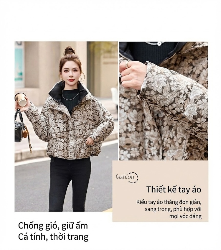 Áo Phao Nữ Ngắn Tay Thiết Kế In Hoa Cao Cấp Lót Lông Vịt Trắng chi tiết 6