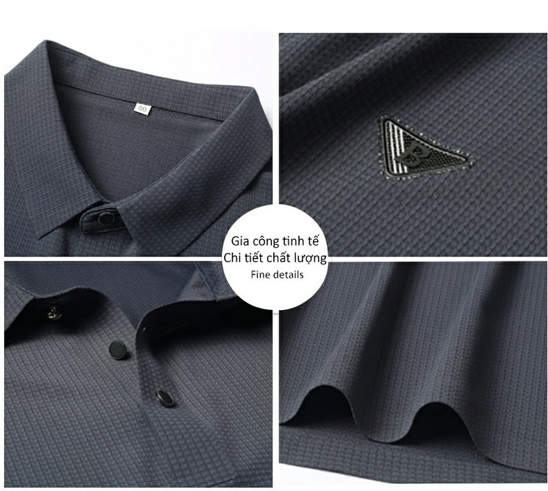 Áo Polo Nam Cổ Bẻ Ngắn Tay Vải Gấm Án Thoáng Mát Chống Nhăn Phong Cách Doanh Nhân Màu Đen, Xám, Tím chi tiết 2