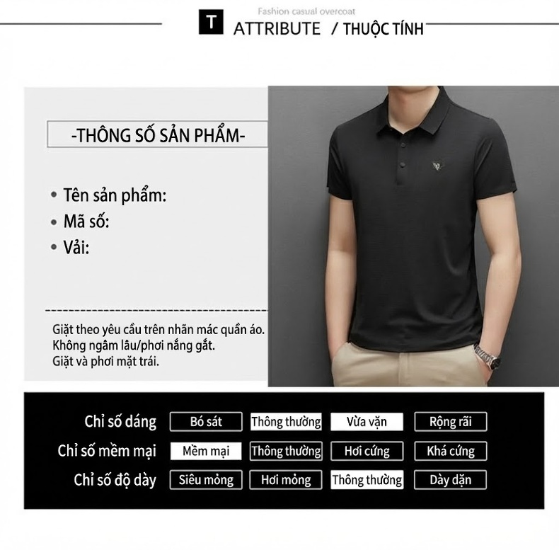 Áo Polo Nam Cổ Bẻ Ngắn Tay Vải Gấm Án Thoáng Mát Chống Nhăn Phong Cách Doanh Nhân Màu Đen, Xám, Tím chi tiết 6