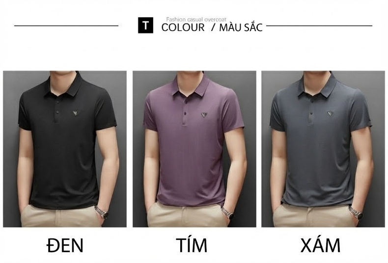 Áo Polo Nam Cổ Bẻ Ngắn Tay Vải Gấm Án Thoáng Mát Chống Nhăn Phong Cách Doanh Nhân Màu Đen, Xám, Tím chi tiết 7