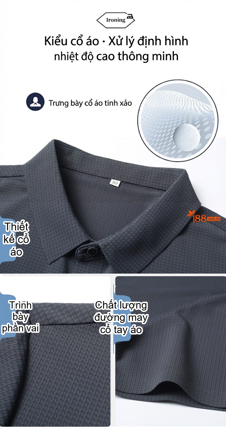 Áo Polo Nam Cổ Bẻ Ngắn Tay Vải Gấm Án Thoáng Mát Chống Nhăn Phong Cách Doanh Nhân Màu Đen, Xám, Tím chi tiết 5