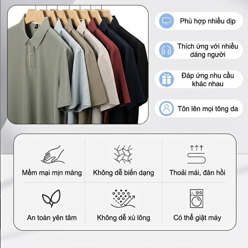 Áo Polo Nam Cổ Bẻ Thoáng Khí Mỏng Mát Phong Cách Casual Công Sở Màu Xám, Đen, Xanh Navy, Đỏ...