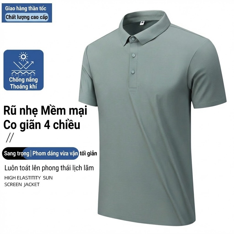 Áo Polo Nam Cổ Bẻ Vải Waffle Chống Nắng Thoáng Mát Màu Xám, Trắng