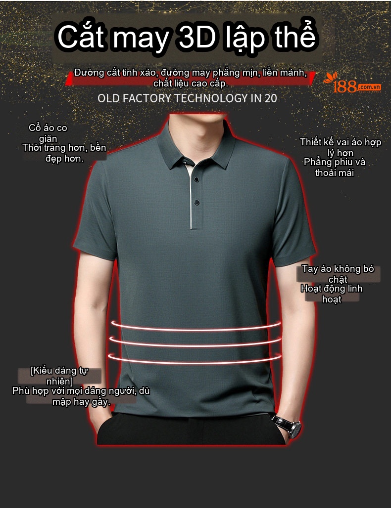 Áo Polo Nam Cộc Tay Dáng Ôm Vải Lụa Băng Thoáng Mát Màu Xanh, Xám, Đỏ, Nâu... chi tiết 5