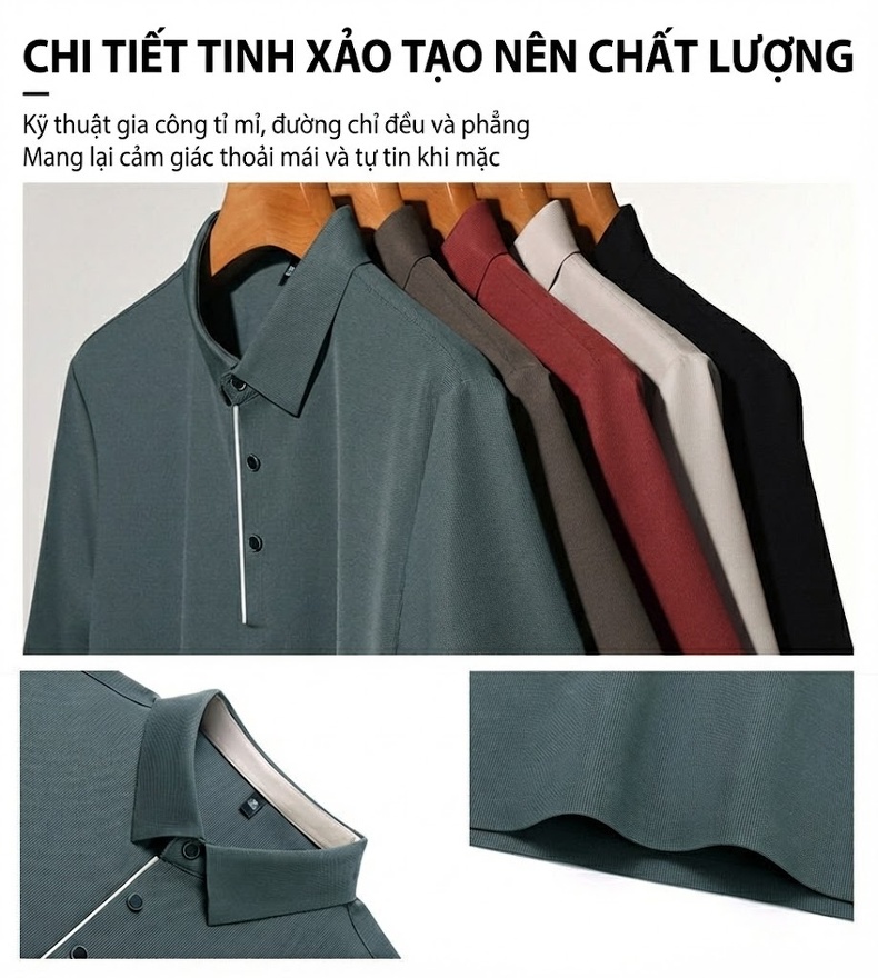 Áo Polo Nam Cộc Tay Dáng Ôm Vải Lụa Băng Thoáng Mát Màu Xanh, Xám, Đỏ, Nâu... chi tiết 6