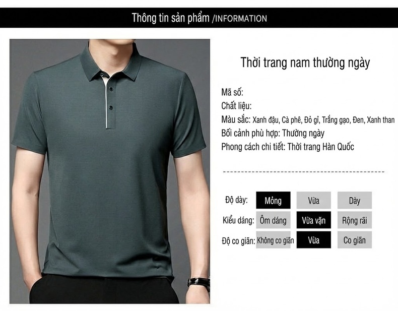 Áo Polo Nam Cộc Tay Dáng Ôm Vải Lụa Băng Thoáng Mát Màu Xanh, Xám, Đỏ, Nâu... chi tiết 7