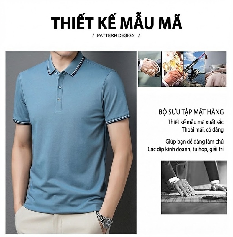 Áo Polo Nam Cotton Ngắn Tay Cổ Bẻ Phong Cách Casual Màu Xanh Lam, Trắng, Xanh Navy, Xanh Lá... chi tiết 2