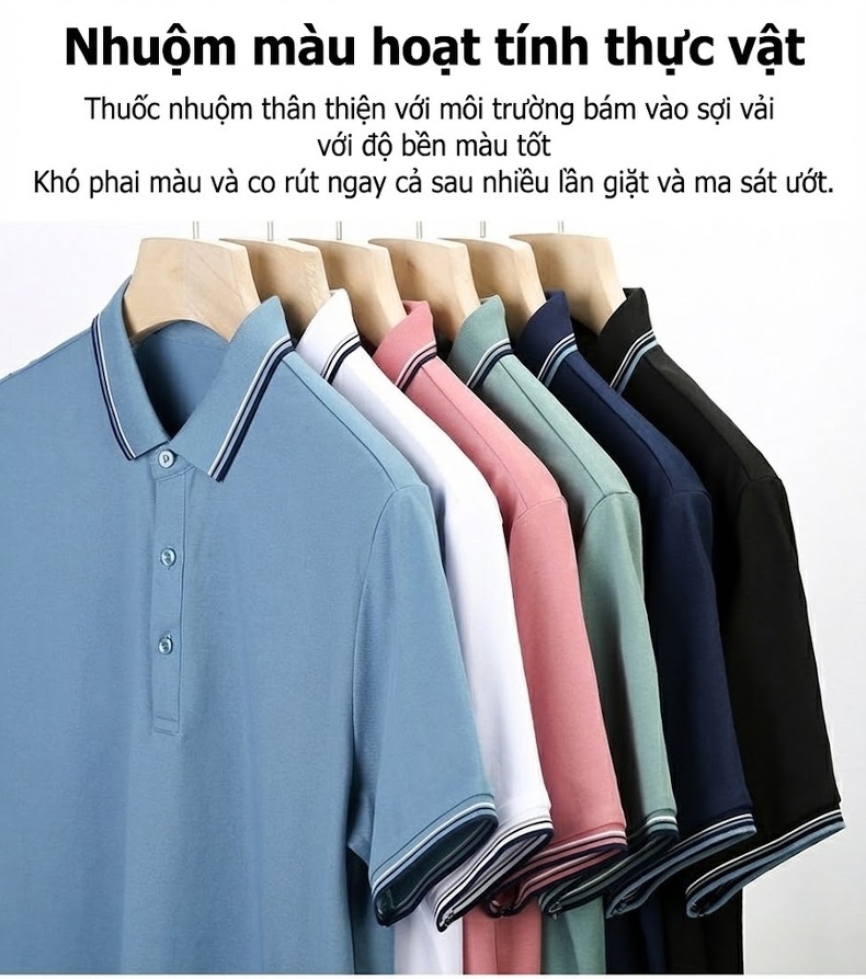 Áo Polo Nam Cotton Ngắn Tay Cổ Bẻ Phong Cách Casual Màu Xanh Lam, Trắng, Xanh Navy, Xanh Lá... chi tiết 4