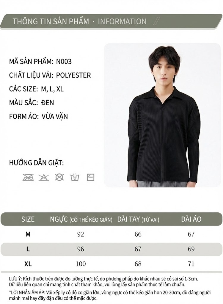 Áo Polo Nam Dài Tay Cổ Bẻ Thiết Kế Nhăn Màu Đen, Trắng chi tiết 2