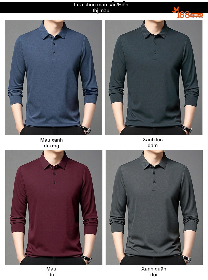 Áo Polo Nam Dài Tay Dệt Kim Cashmere Chống Nhăn Phong Cách Doanh Nhân Màu Xám, Xanh, Đỏ, Đen... chi tiết 6