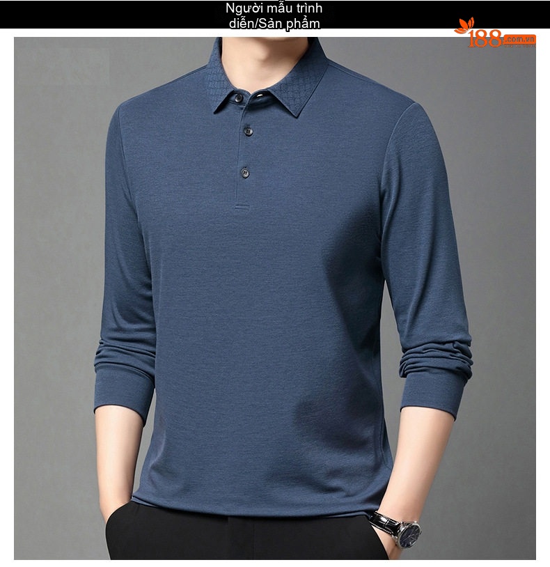Áo Polo Nam Dài Tay Dệt Kim Cashmere Chống Nhăn Phong Cách Doanh Nhân Màu Xám, Xanh, Đỏ, Đen... chi tiết 9