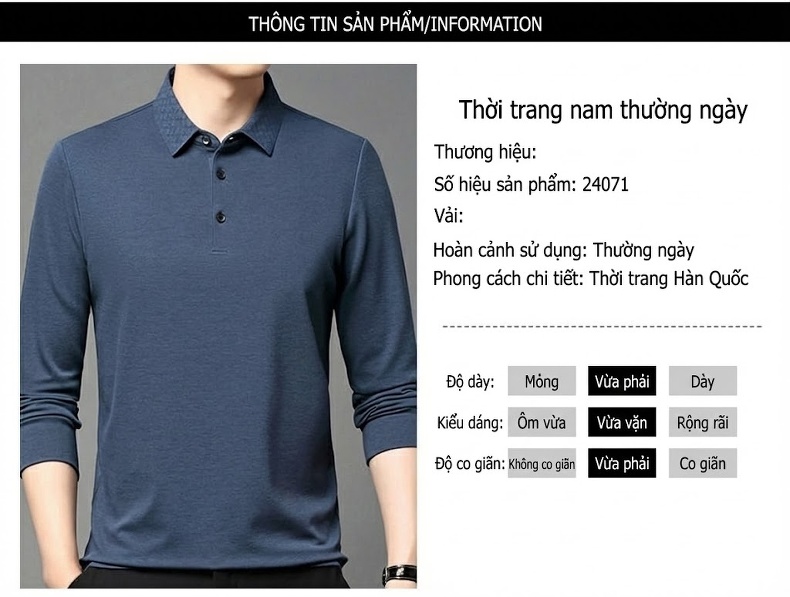 Áo Polo Nam Dài Tay Dệt Kim Cashmere Chống Nhăn Phong Cách Doanh Nhân Màu Xám, Xanh, Đỏ, Đen... chi tiết 5