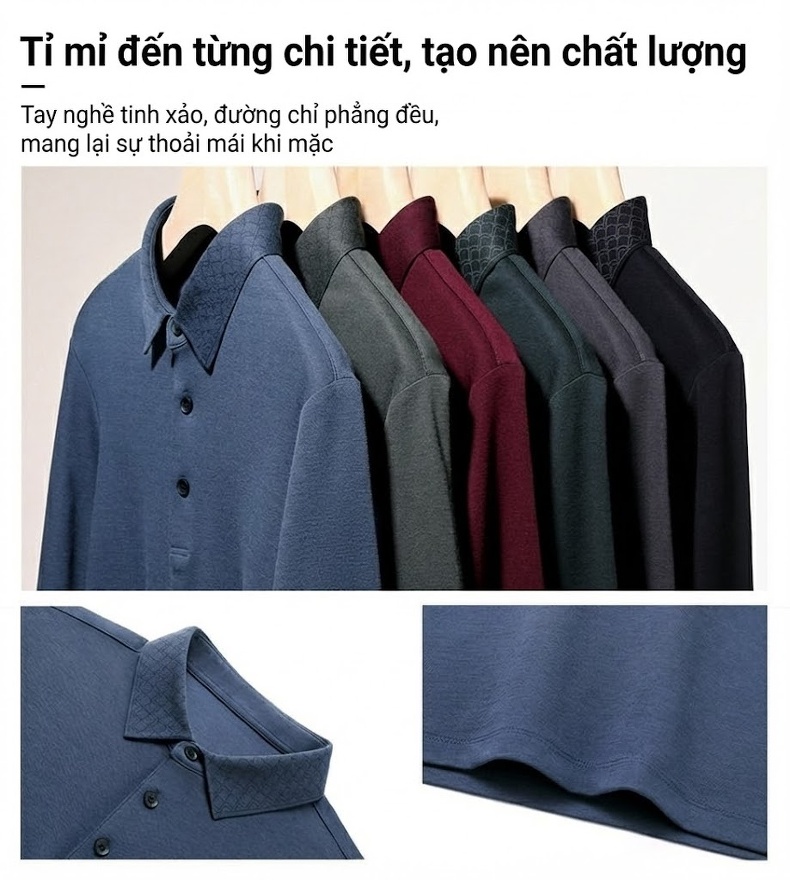 Áo Polo Nam Dài Tay Dệt Kim Cashmere Chống Nhăn Phong Cách Doanh Nhân Màu Xám, Xanh, Đỏ, Đen... chi tiết 4