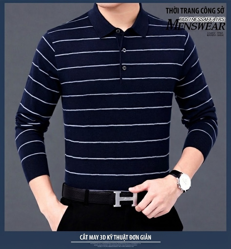 Áo Polo Nam Dài Tay Dệt Kim Sọc Ngang Trung Niên Cotton Màu Xám, Đỏ, Xanh, Đen... chi tiết 20
