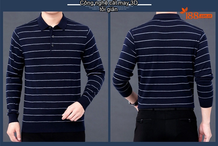 Áo Polo Nam Dài Tay Dệt Kim Sọc Ngang Trung Niên Cotton Màu Xám, Đỏ, Xanh, Đen... chi tiết 21