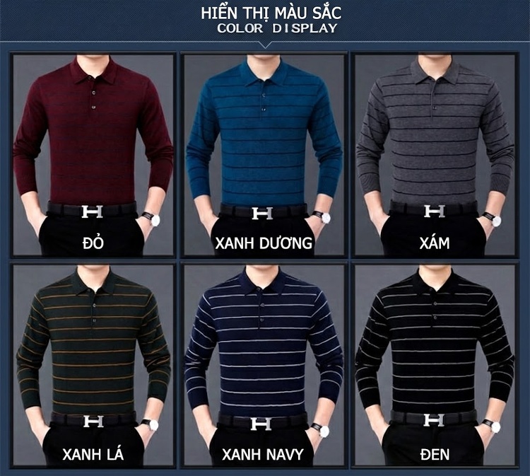 Áo Polo Nam Dài Tay Dệt Kim Sọc Ngang Trung Niên Cotton Màu Xám, Đỏ, Xanh, Đen... chi tiết 4