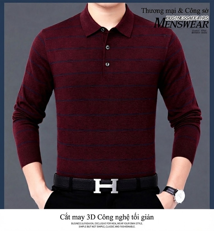 Áo Polo Nam Dài Tay Dệt Kim Sọc Ngang Trung Niên Cotton Màu Xám, Đỏ, Xanh, Đen... chi tiết 22