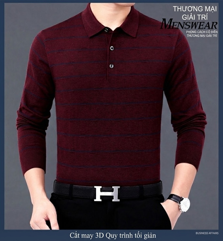 Áo Polo Nam Dài Tay Dệt Kim Sọc Ngang Trung Niên Cotton Màu Xám, Đỏ, Xanh, Đen... chi tiết 23