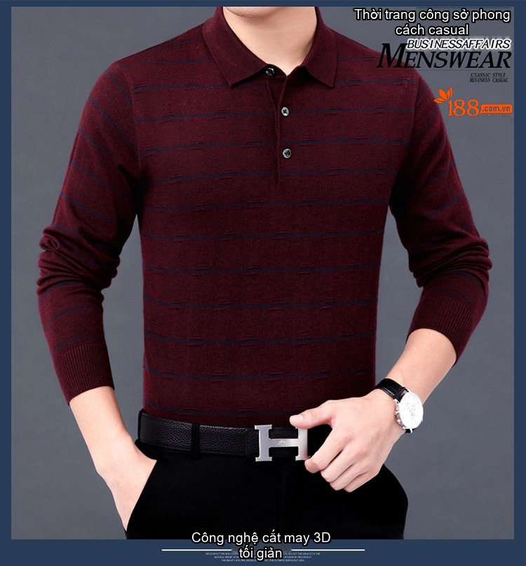 Áo Polo Nam Dài Tay Dệt Kim Sọc Ngang Trung Niên Cotton Màu Xám, Đỏ, Xanh, Đen... chi tiết 24