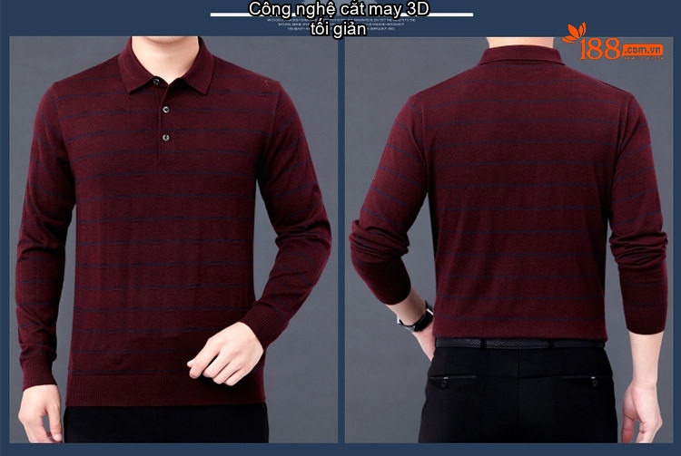 Áo Polo Nam Dài Tay Dệt Kim Sọc Ngang Trung Niên Cotton Màu Xám, Đỏ, Xanh, Đen... chi tiết 25