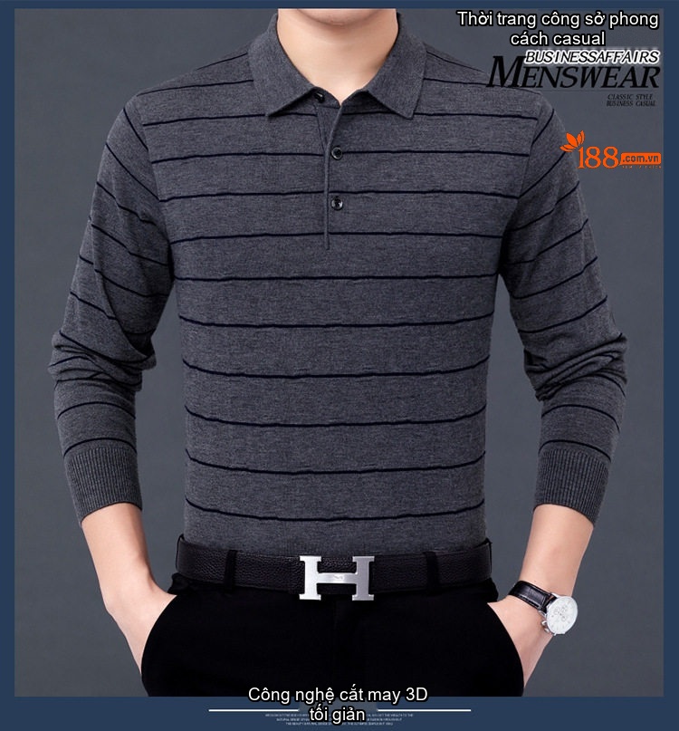 Áo Polo Nam Dài Tay Dệt Kim Sọc Ngang Trung Niên Cotton Màu Xám, Đỏ, Xanh, Đen... chi tiết 26