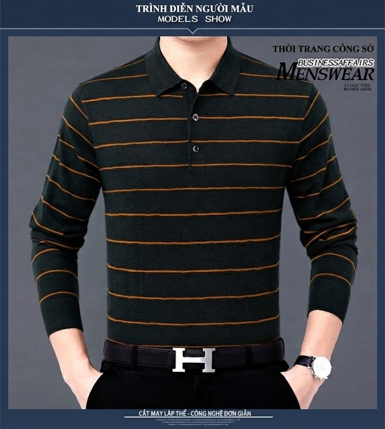 Áo Polo Nam Dài Tay Dệt Kim Sọc Ngang Trung Niên Cotton Màu Xám, Đỏ, Xanh, Đen... chi tiết 6
