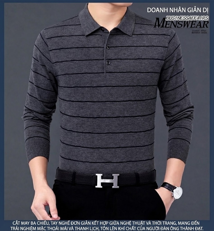 Áo Polo Nam Dài Tay Dệt Kim Sọc Ngang Trung Niên Cotton Màu Xám, Đỏ, Xanh, Đen... chi tiết 27