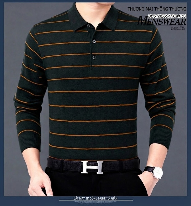 Áo Polo Nam Dài Tay Dệt Kim Sọc Ngang Trung Niên Cotton Màu Xám, Đỏ, Xanh, Đen... chi tiết 7