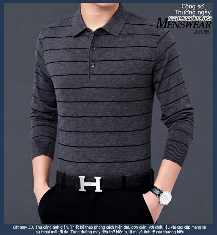 Áo Polo Nam Dài Tay Dệt Kim Sọc Ngang Trung Niên Cotton Màu Xám, Đỏ, Xanh, Đen... chi tiết 28