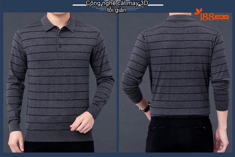 Áo Polo Nam Dài Tay Dệt Kim Sọc Ngang Trung Niên Cotton Màu Xám, Đỏ, Xanh, Đen... chi tiết 29