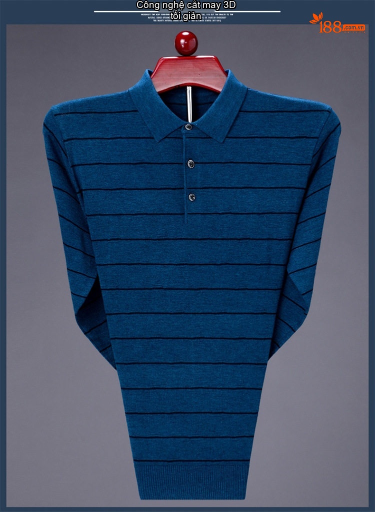 Áo Polo Nam Dài Tay Dệt Kim Sọc Ngang Trung Niên Cotton Màu Xám, Đỏ, Xanh, Đen... chi tiết 32