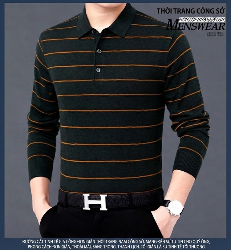 Áo Polo Nam Dài Tay Dệt Kim Sọc Ngang Trung Niên Cotton Màu Xám, Đỏ, Xanh, Đen... chi tiết 8
