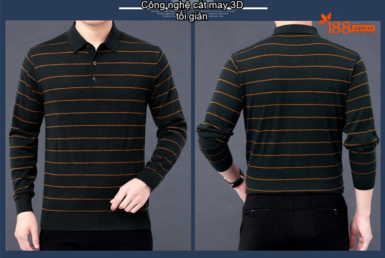 Áo Polo Nam Dài Tay Dệt Kim Sọc Ngang Trung Niên Cotton Màu Xám, Đỏ, Xanh, Đen... chi tiết 9