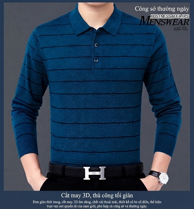 Áo Polo Nam Dài Tay Dệt Kim Sọc Ngang Trung Niên Cotton Màu Xám, Đỏ, Xanh, Đen... chi tiết 10