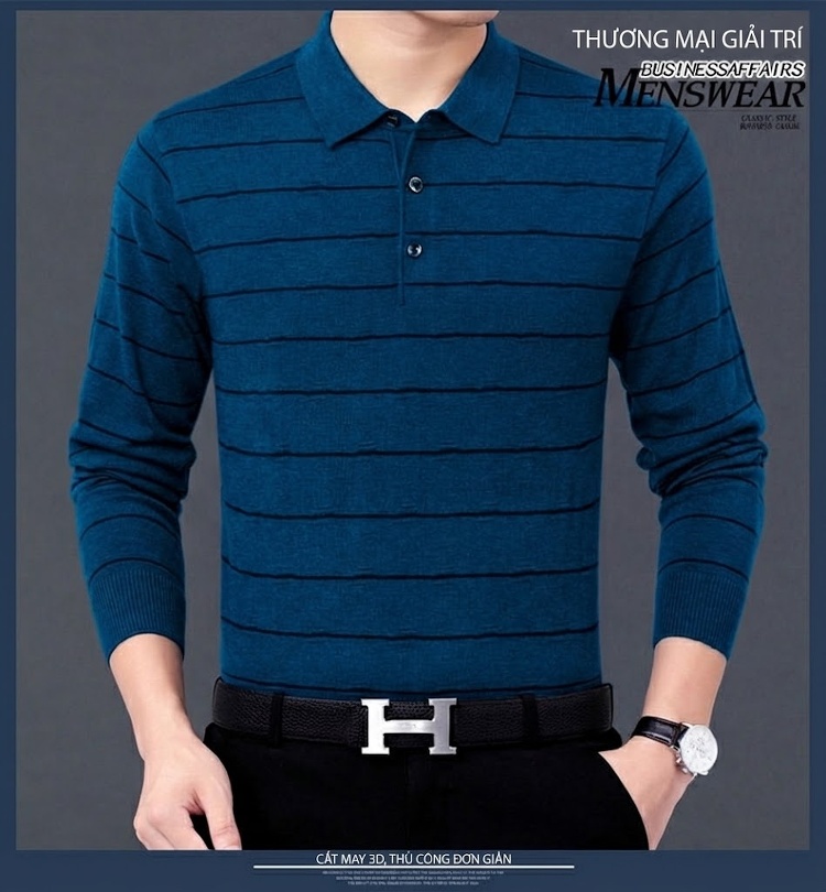 Áo Polo Nam Dài Tay Dệt Kim Sọc Ngang Trung Niên Cotton Màu Xám, Đỏ, Xanh, Đen... chi tiết 11