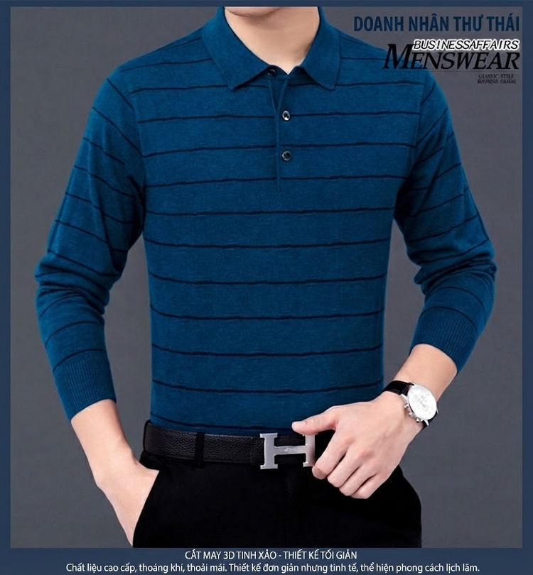 Áo Polo Nam Dài Tay Dệt Kim Sọc Ngang Trung Niên Cotton Màu Xám, Đỏ, Xanh, Đen... chi tiết 12