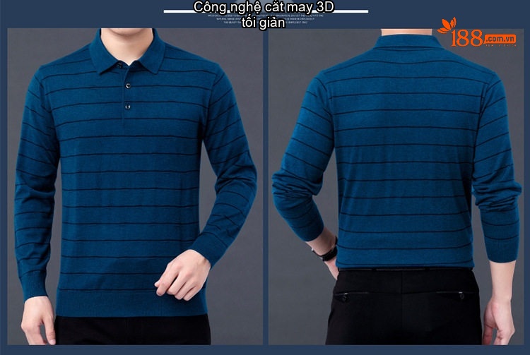 Áo Polo Nam Dài Tay Dệt Kim Sọc Ngang Trung Niên Cotton Màu Xám, Đỏ, Xanh, Đen... chi tiết 13