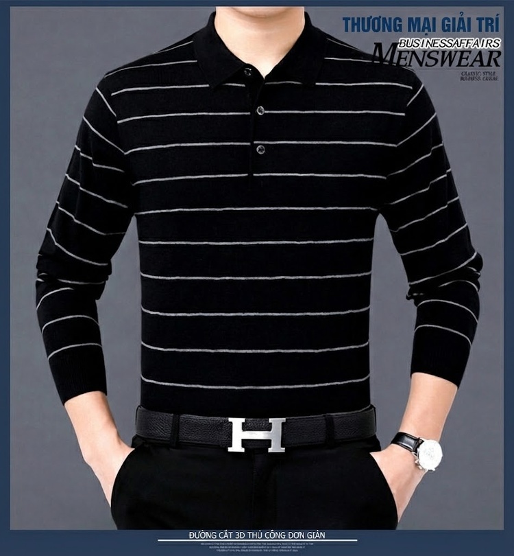 Áo Polo Nam Dài Tay Dệt Kim Sọc Ngang Trung Niên Cotton Màu Xám, Đỏ, Xanh, Đen... chi tiết 14