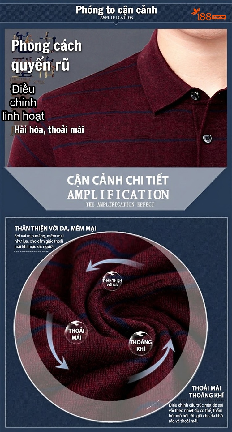 Áo Polo Nam Dài Tay Dệt Kim Sọc Ngang Trung Niên Cotton Màu Xám, Đỏ, Xanh, Đen... chi tiết 2