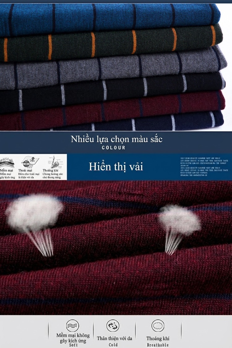 Áo Polo Nam Dài Tay Dệt Kim Sọc Ngang Trung Niên Cotton Màu Xám, Đỏ, Xanh, Đen... chi tiết 43