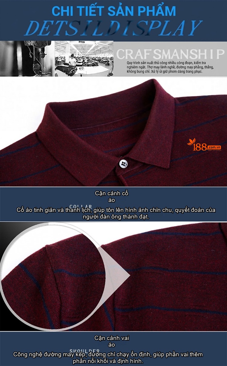 Áo Polo Nam Dài Tay Dệt Kim Sọc Ngang Trung Niên Cotton Màu Xám, Đỏ, Xanh, Đen... chi tiết 44