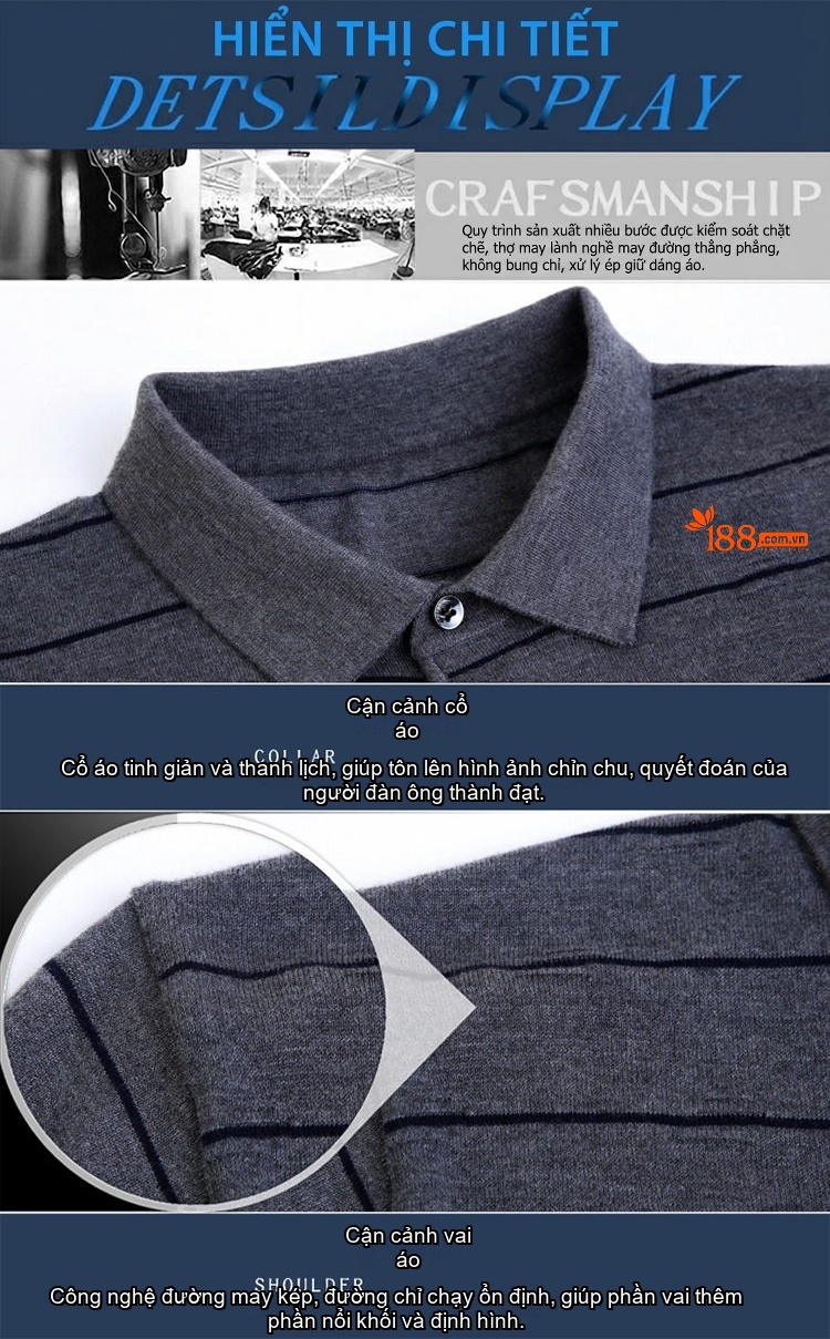 Áo Polo Nam Dài Tay Dệt Kim Sọc Ngang Trung Niên Cotton Màu Xám, Đỏ, Xanh, Đen... chi tiết 46