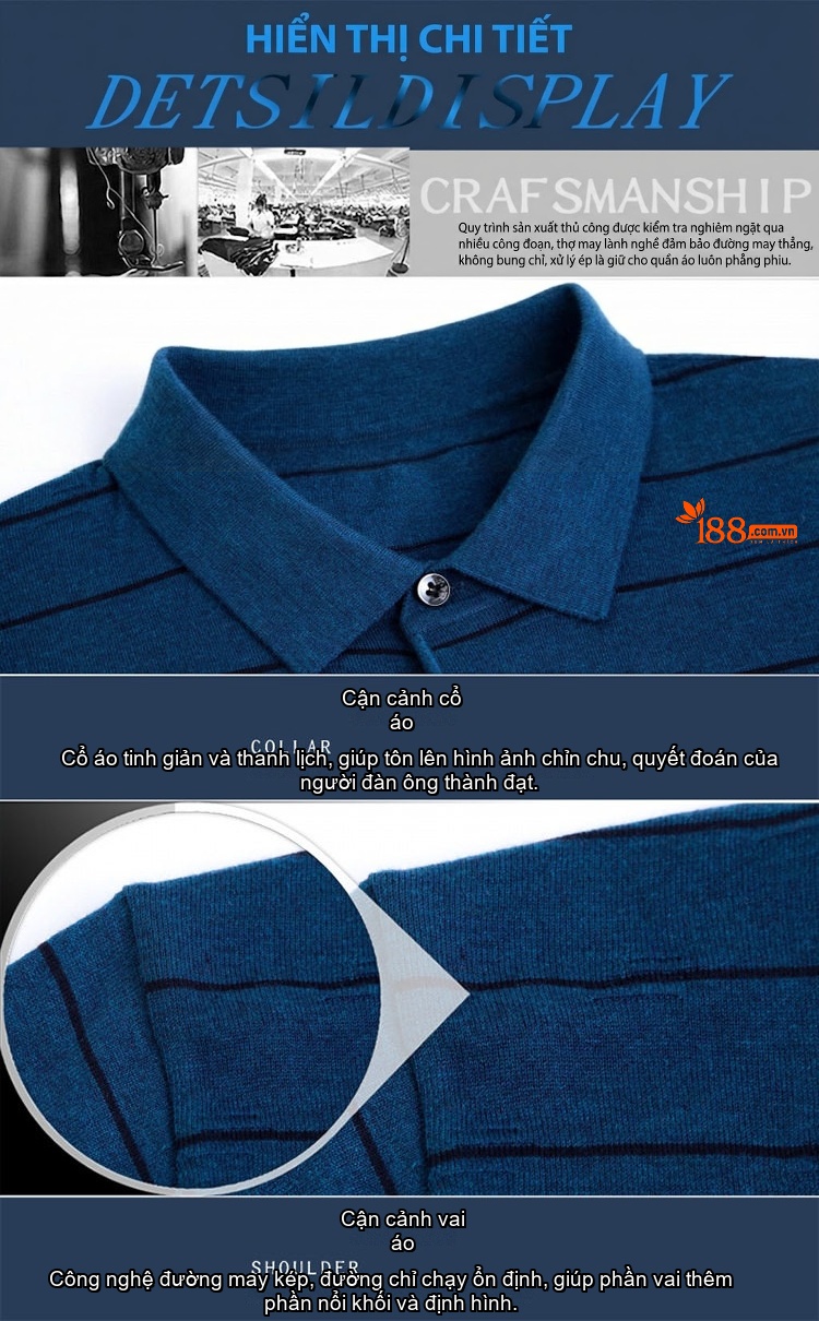 Áo Polo Nam Dài Tay Dệt Kim Sọc Ngang Trung Niên Cotton Màu Xám, Đỏ, Xanh, Đen... chi tiết 48