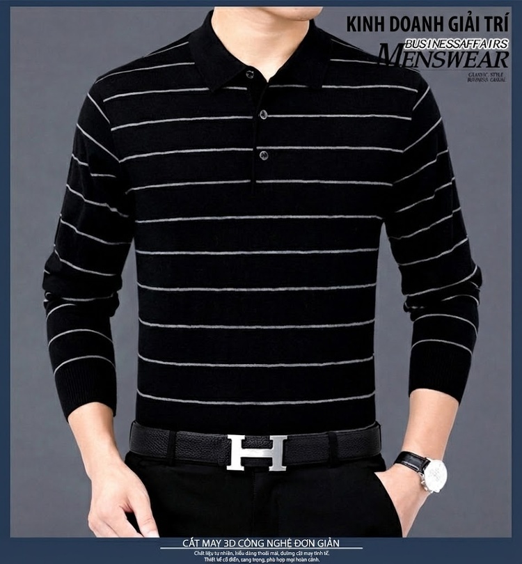 Áo Polo Nam Dài Tay Dệt Kim Sọc Ngang Trung Niên Cotton Màu Xám, Đỏ, Xanh, Đen... chi tiết 15
