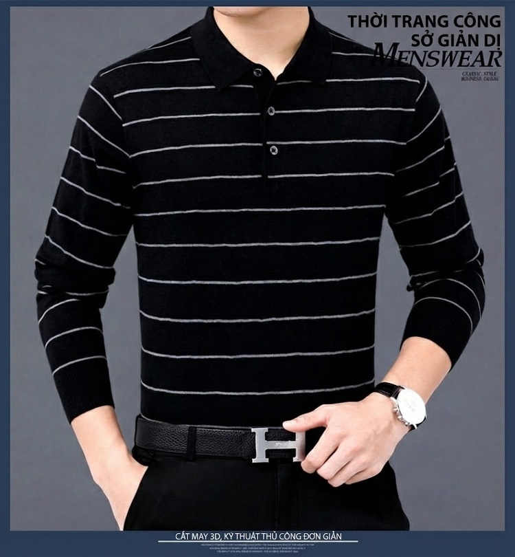 Áo Polo Nam Dài Tay Dệt Kim Sọc Ngang Trung Niên Cotton Màu Xám, Đỏ, Xanh, Đen... chi tiết 16