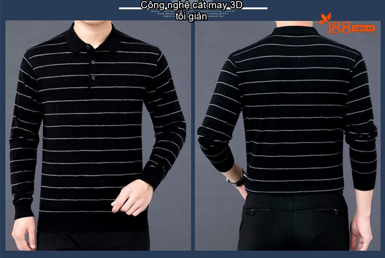 Áo Polo Nam Dài Tay Dệt Kim Sọc Ngang Trung Niên Cotton Màu Xám, Đỏ, Xanh, Đen... chi tiết 17