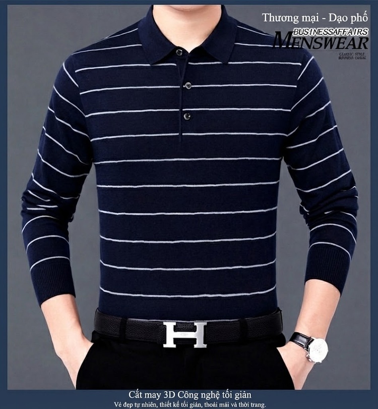 Áo Polo Nam Dài Tay Dệt Kim Sọc Ngang Trung Niên Cotton Màu Xám, Đỏ, Xanh, Đen... chi tiết 18