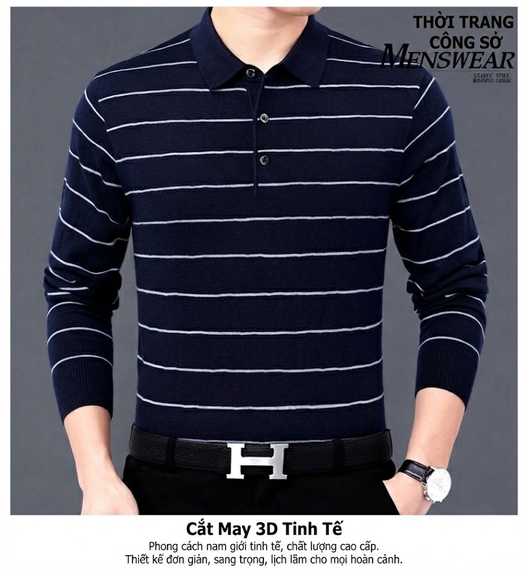 Áo Polo Nam Dài Tay Dệt Kim Sọc Ngang Trung Niên Cotton Màu Xám, Đỏ, Xanh, Đen... chi tiết 19
