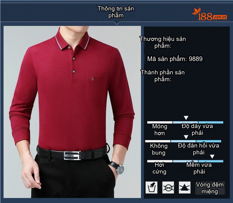 Áo Polo Nam Dài Tay Lụa Tằm In Hoạ Tiết Chống Nhăn Màu Đỏ, Xanh, Xám, Đỏ Rượu Vang... chi tiết 3
